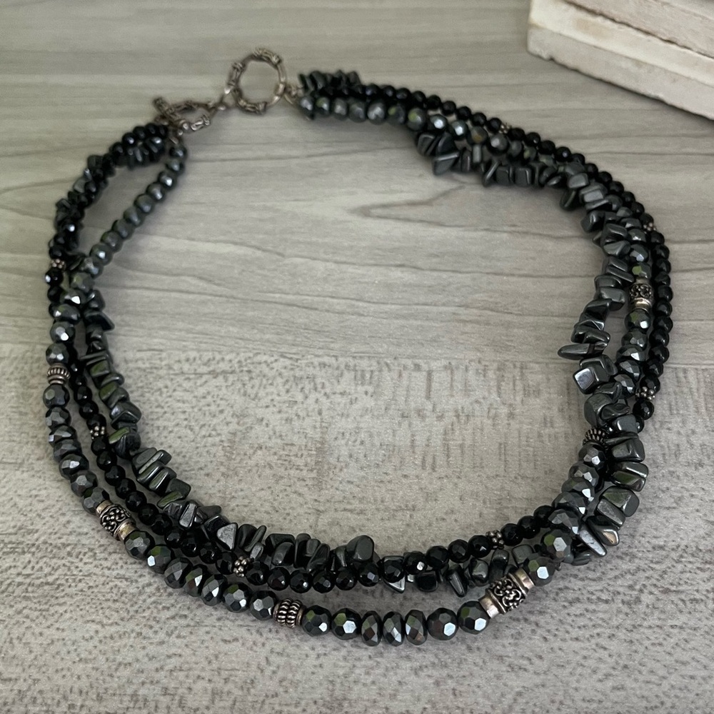 Black 3 Strand Necklace with Silver Tone Accents - Picture 15 of 16